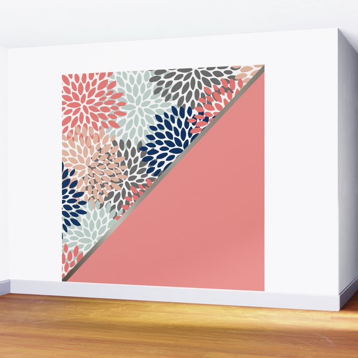 Modern, Floral Prints, with Block Color, Coral, Aqua, Blue Wall Mural Gallery Image 2