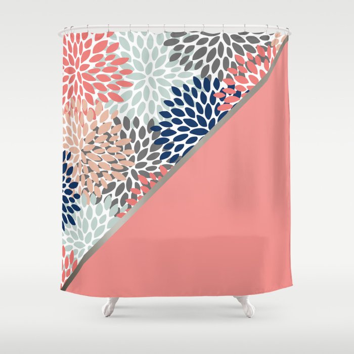 Modern, Floral Prints, with Block Color, Coral, Aqua, Blue Shower Curtain Gallery Image 1
