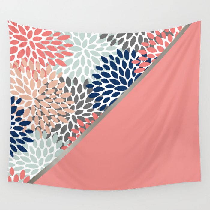 Modern, Floral Prints, with Block Color, Coral, Aqua, Blue Wall Tapestry Gallery Image 1