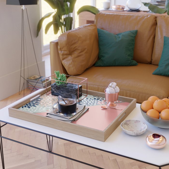 Modern, Floral Prints, with Block Color, Coral, Aqua, Blue Serving Tray Gallery Image 2