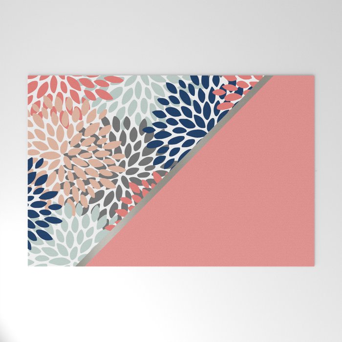 Modern, Floral Prints, with Block Color, Coral, Aqua, Blue Welcome Mat Gallery Image 1