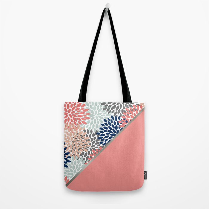 Modern, Floral Prints, with Block Color, Coral, Aqua, Blue Tote Bag Gallery Image 2