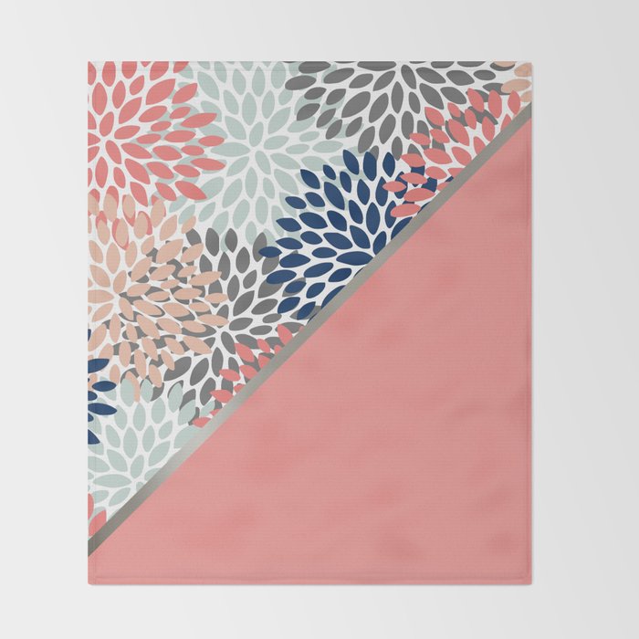 Modern, Floral Prints, with Block Color, Coral, Aqua, Blue Throw Blanket Gallery Image 2