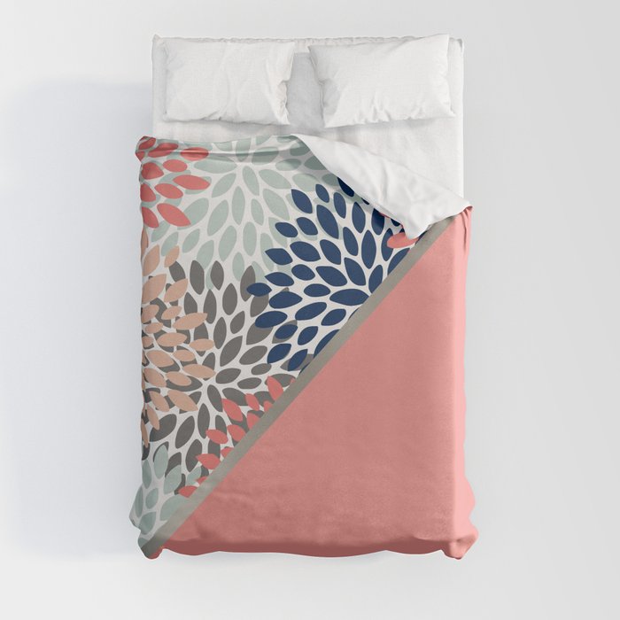 Modern, Floral Prints, with Block Color, Coral, Aqua, Blue Duvet Cover Gallery Image 3