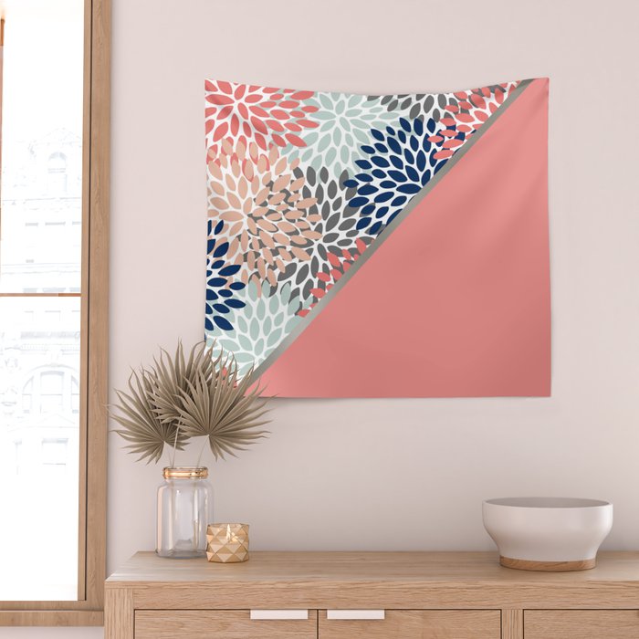 Modern, Floral Prints, with Block Color, Coral, Aqua, Blue Wall Tapestry Gallery Image 2