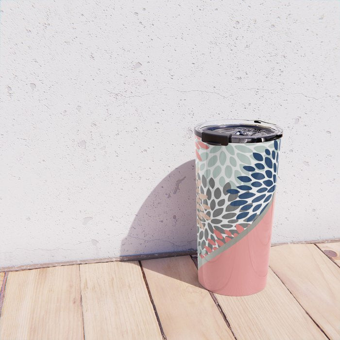 Modern, Floral Prints, with Block Color, Coral, Aqua, Blue Travel Mug Gallery Image 4