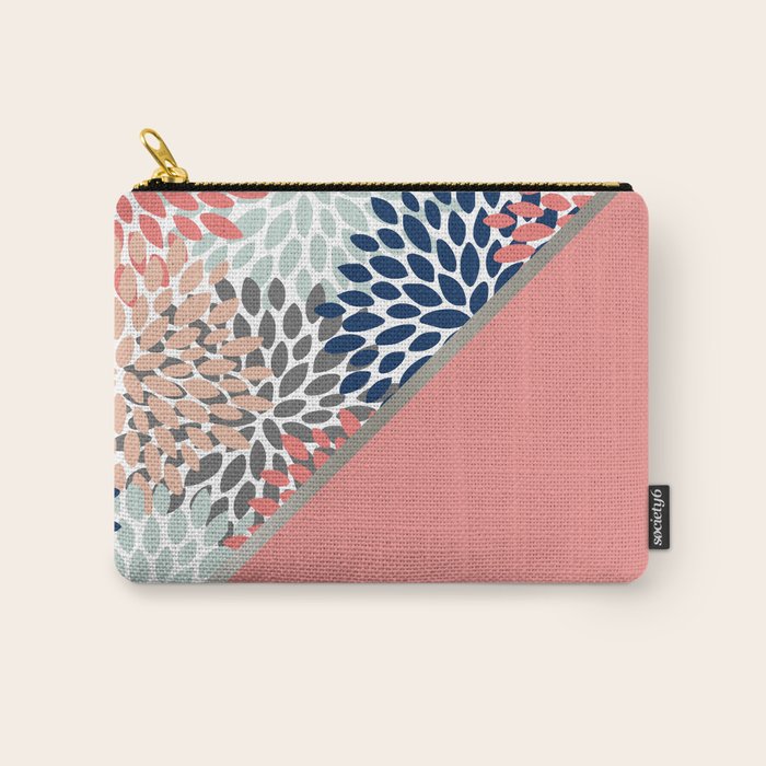 Modern, Floral Prints, with Block Color, Coral, Aqua, Blue Carry All Pouch Gallery Image 1