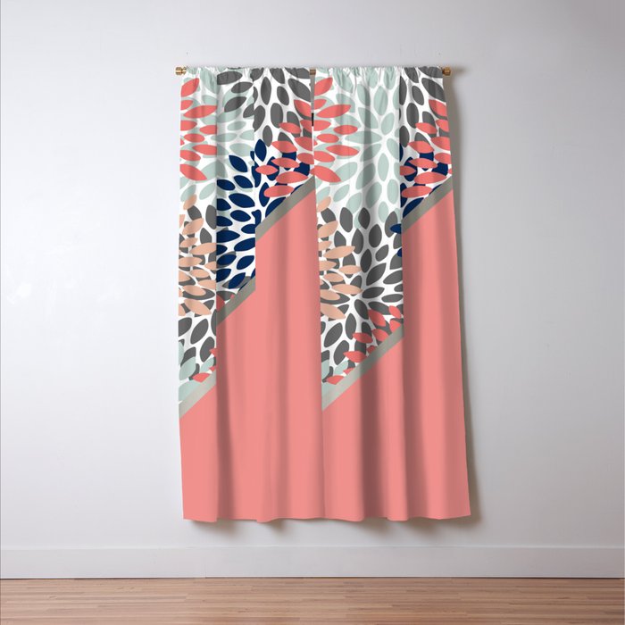 Modern, Floral Prints, with Block Color, Coral, Aqua, Blue Window Curtain Gallery Image 3