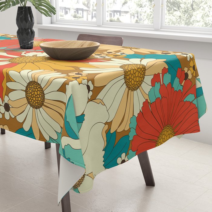 Red, Orange, Turquoise and Brown Retro Floral Pattern Tablecloth Gallery Image 3