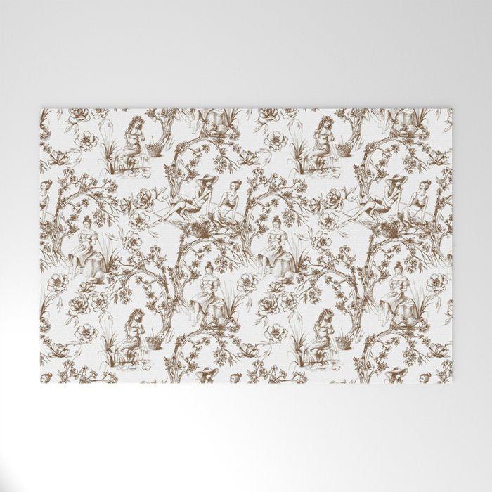 Toile de Jouy Modern Vintage Summer Picnic Girls Brown & White Welcome Mat Gallery Image 1