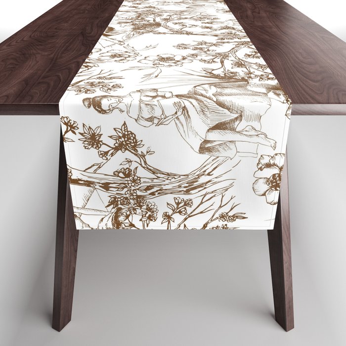 Toile de Jouy Modern Vintage Summer Picnic Girls Brown & White Table Runner Gallery Image 1