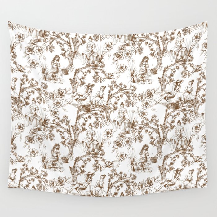 Toile de Jouy Modern Vintage Summer Picnic Girls Brown & White Wall Tapestry Gallery Image 4