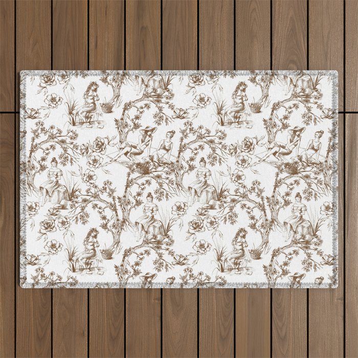 Toile de Jouy Modern Vintage Summer Picnic Girls Brown & White Outdoor Rug Gallery Image 1