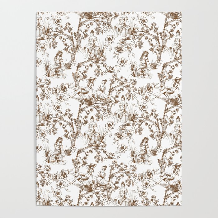 Toile de Jouy Modern Vintage Summer Picnic Girls Brown & White Poster Gallery Image 1