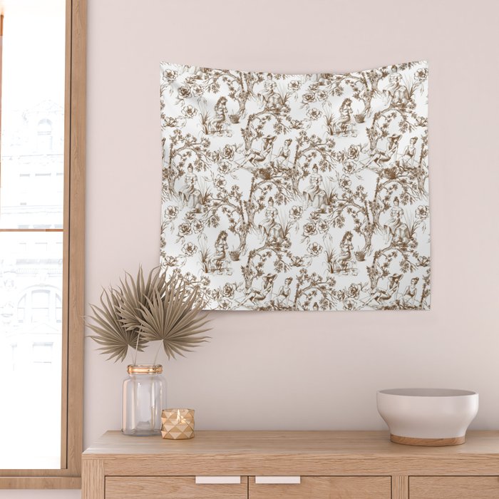 Toile de Jouy Modern Vintage Summer Picnic Girls Brown & White Wall Tapestry Gallery Image 2