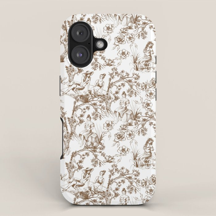Toile de Jouy Modern Vintage Summer Picnic Girls Brown & White iPhone Case Gallery Image 1