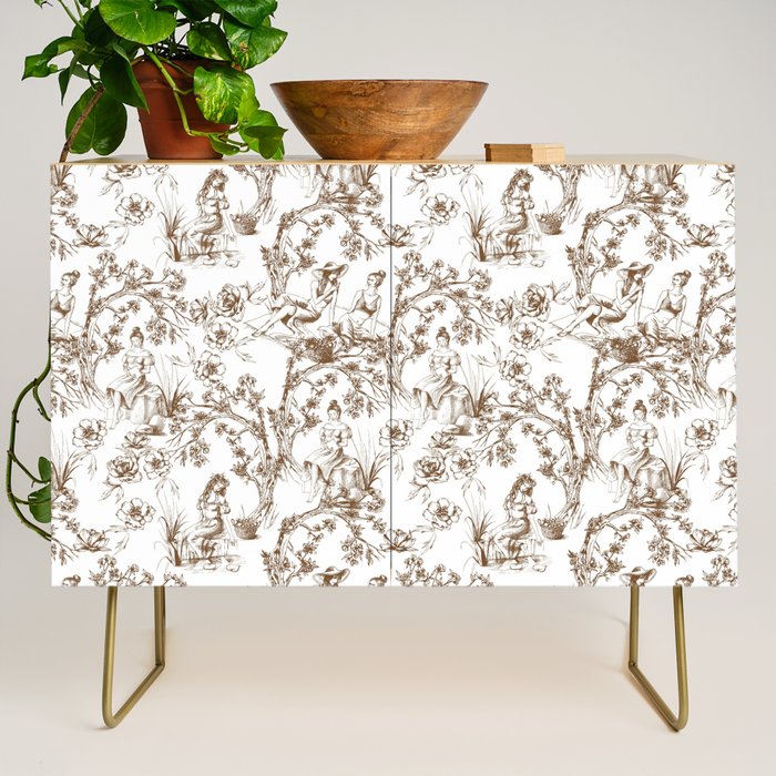Toile de Jouy Modern Vintage Summer Picnic Girls Brown & White Credenza Gallery Image 1