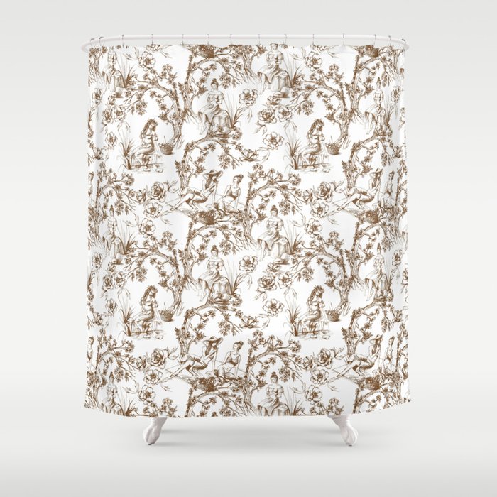 Toile de Jouy Modern Vintage Summer Picnic Girls Brown & White Shower Curtain Gallery Image 1