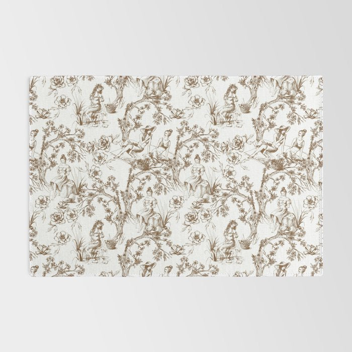 Toile de Jouy Modern Vintage Summer Picnic Girls Brown & White Rug Gallery Image 2
