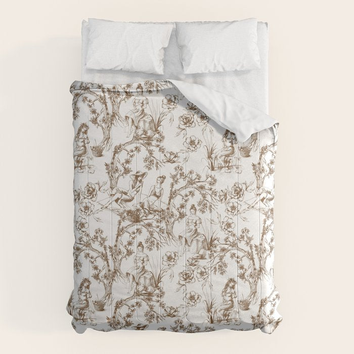 Toile de Jouy Modern Vintage Summer Picnic Girls Brown & White Comforter Gallery Image 1