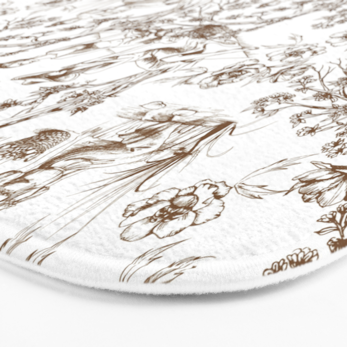 Toile de Jouy Modern Vintage Summer Picnic Girls Brown & White Bath Mat Gallery Image 3
