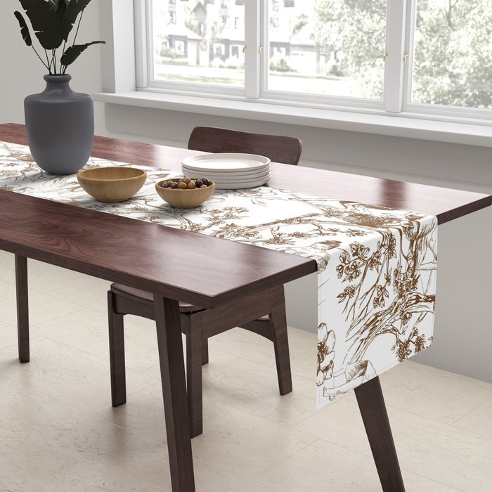 Toile de Jouy Modern Vintage Summer Picnic Girls Brown & White Table Runner Gallery Image 2