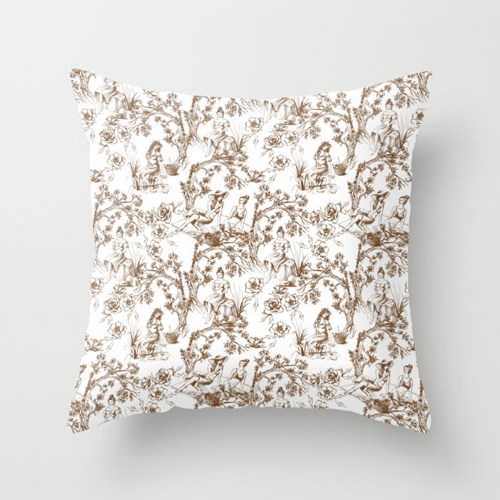 Toile de Jouy Modern Vintage Summer Picnic Girls Brown & White Throw Pillow Gallery Image 6