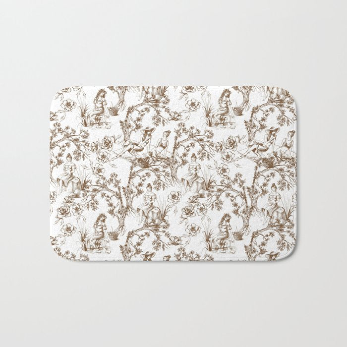 Toile de Jouy Modern Vintage Summer Picnic Girls Brown & White Bath Mat Gallery Image 1