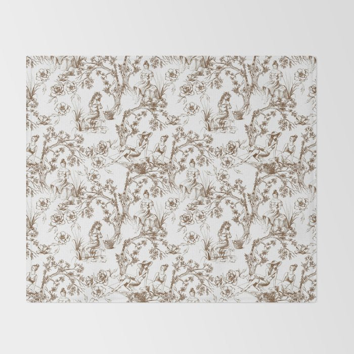 Toile de Jouy Modern Vintage Summer Picnic Girls Brown & White Throw Blanket Gallery Image 2