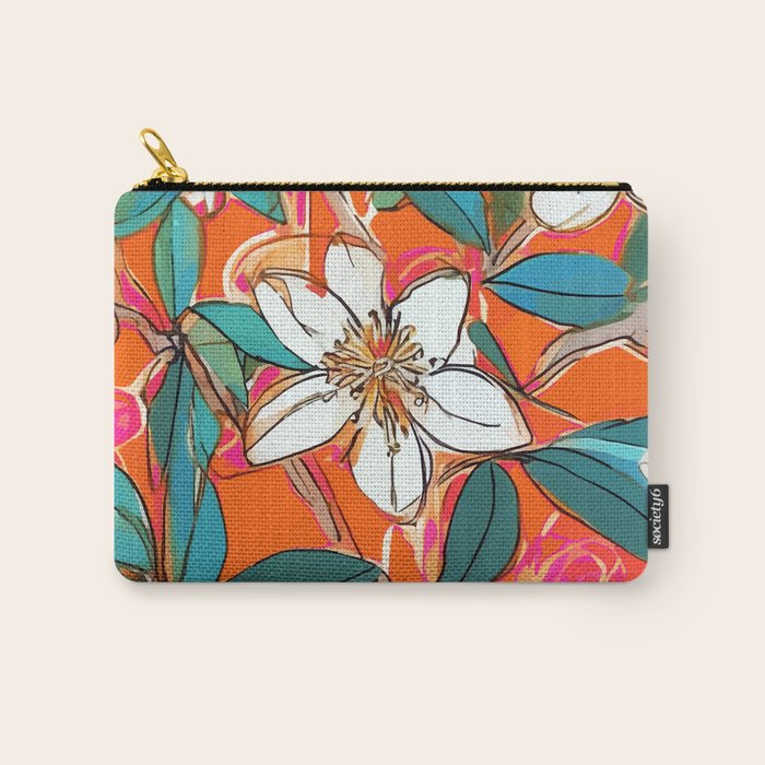 Orange Blossom Forest, Tropical Vintage Botanical Floral, Plants Garden Flowers Bloom Bohemian Colorful Vibrant Bright Boho Carry All Pouch Gallery Image 1
