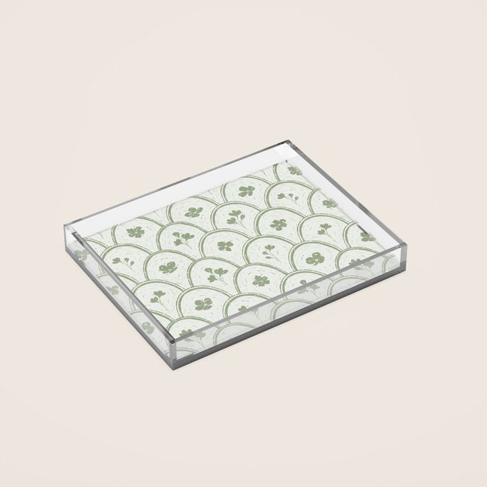 Rustic scallop floral block print - sage green pattern Acrylic Tray Gallery Image 2