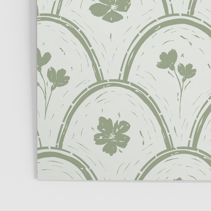 Rustic scallop floral block print - sage green pattern Poster Gallery Image 3
