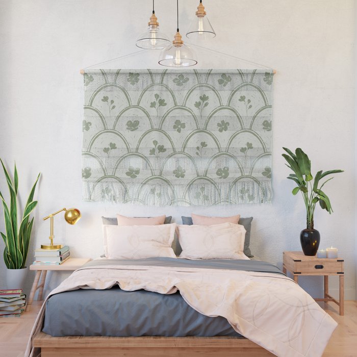 Rustic scallop floral block print - sage green pattern Wall Hanging Gallery Image 2