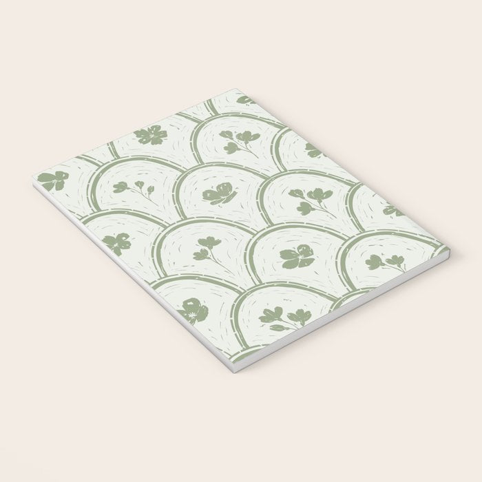 Rustic scallop floral block print - sage green pattern Notebook Gallery Image 3