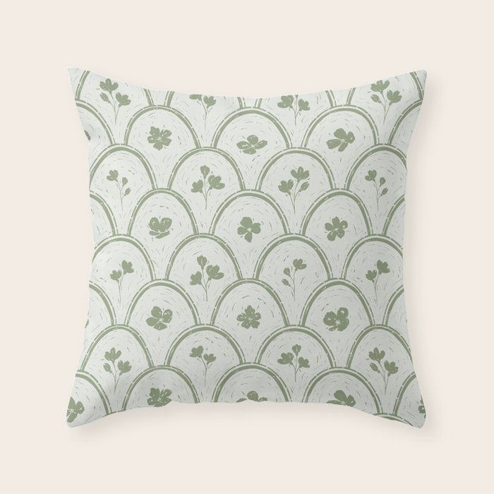 Rustic scallop floral block print - sage green pattern Throw Pillow Gallery Image 1