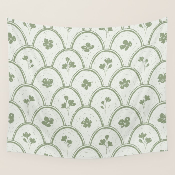 Rustic scallop floral block print - sage green pattern Wall Tapestry Gallery Image 4