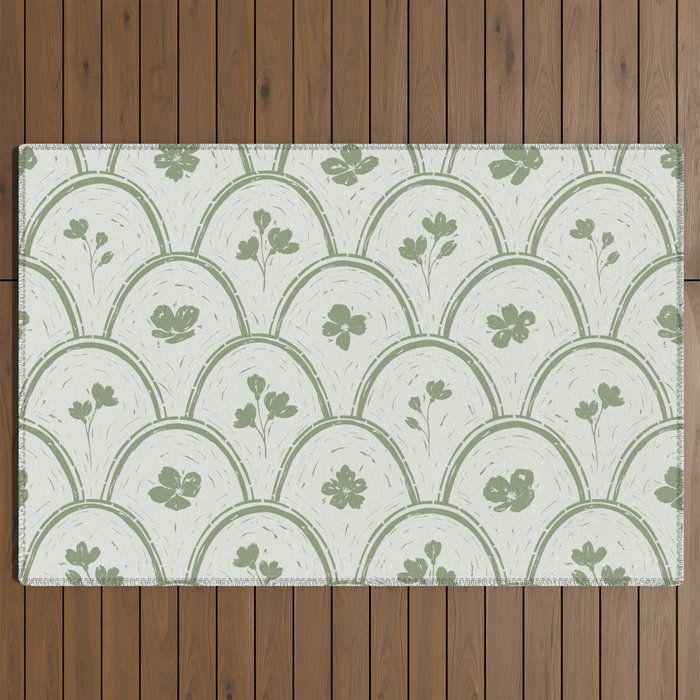 Rustic scallop floral block print - sage green pattern Outdoor Rug Gallery Image 2