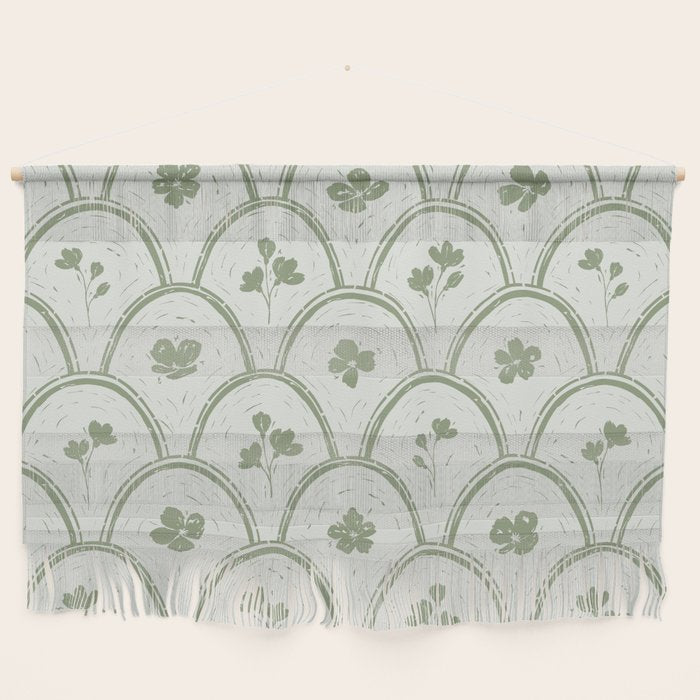 Rustic scallop floral block print - sage green pattern Wall Hanging Gallery Image 2
