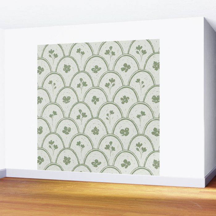 Rustic scallop floral block print - sage green pattern Wall Mural Gallery Image 2