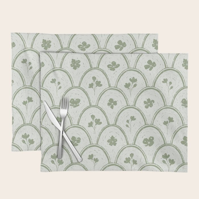 Rustic scallop floral block print - sage green pattern Placemat Gallery Image 2