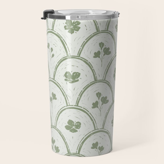 Rustic scallop floral block print - sage green pattern Travel Mug Gallery Image 3