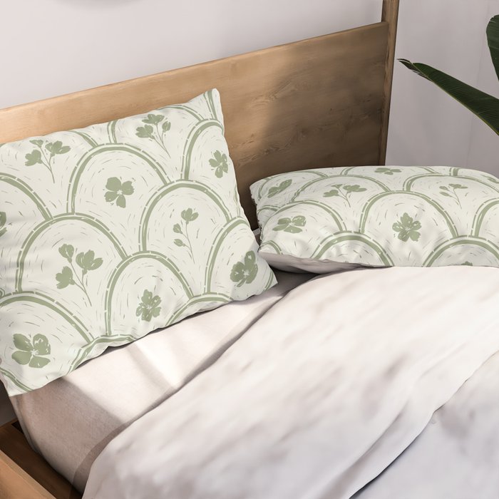 Rustic scallop floral block print - sage green pattern Pillow Sham Gallery Image 2