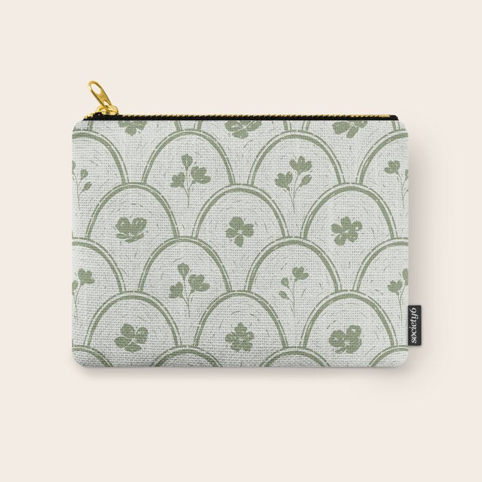 Rustic scallop floral block print - sage green pattern Carry All Pouch Gallery Image 1