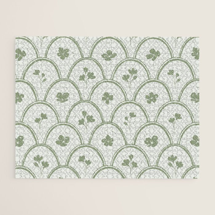 Rustic scallop floral block print - sage green pattern Jigsaw Puzzle Gallery Image 2