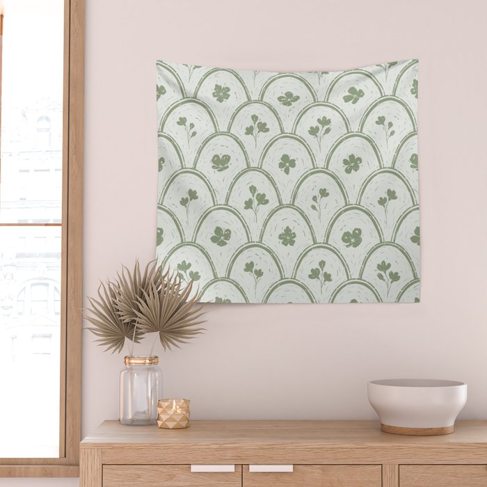 Rustic scallop floral block print - sage green pattern Wall Tapestry Gallery Image 2