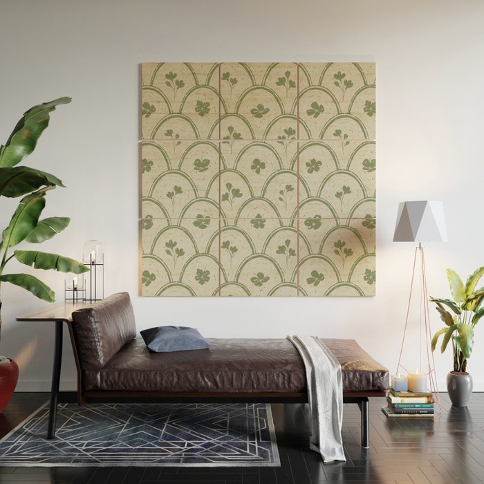 Rustic scallop floral block print - sage green pattern Wood Wall Art Gallery Image 2