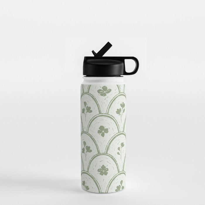 Rustic scallop floral block print - sage green pattern Water Bottle Gallery Image 1