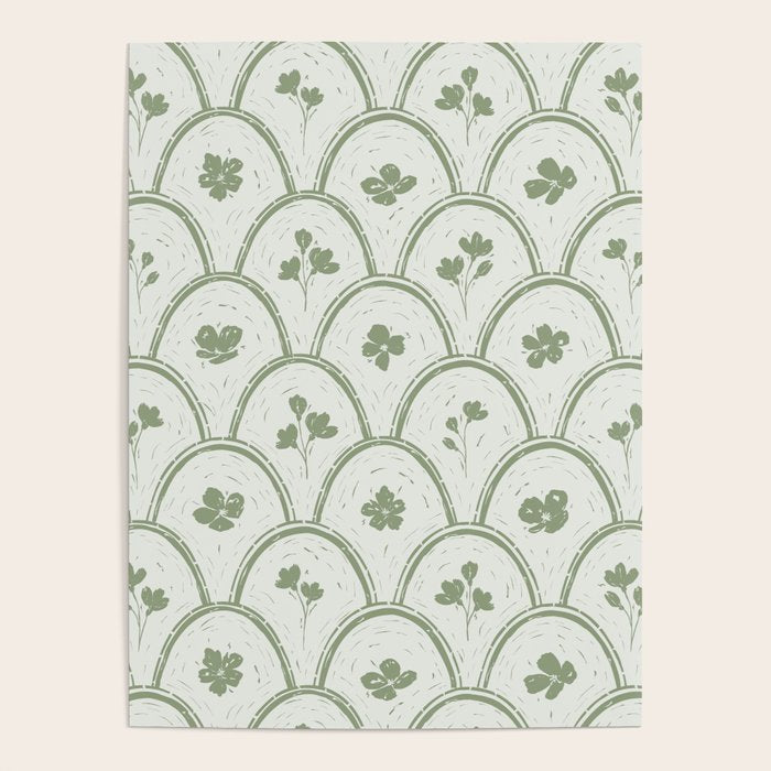 Rustic scallop floral block print - sage green pattern Poster Gallery Image 4