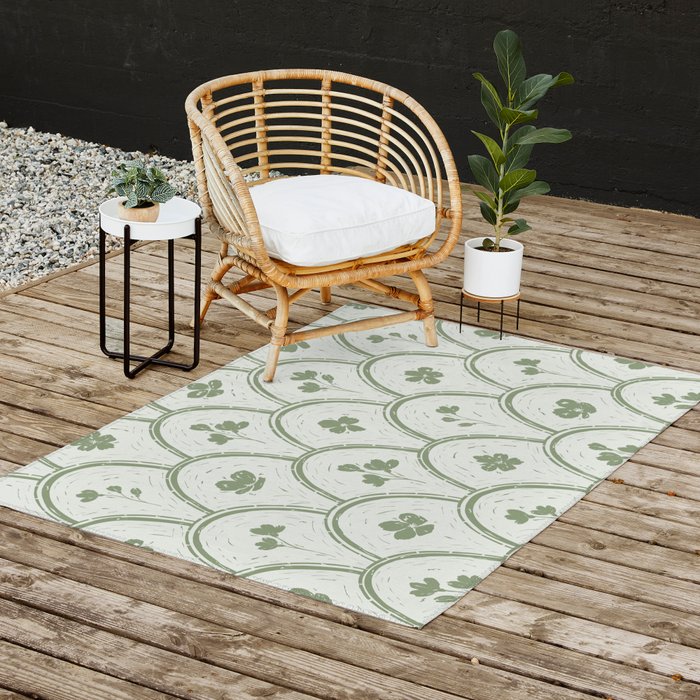 Rustic scallop floral block print - sage green pattern Outdoor Rug Gallery Image 2