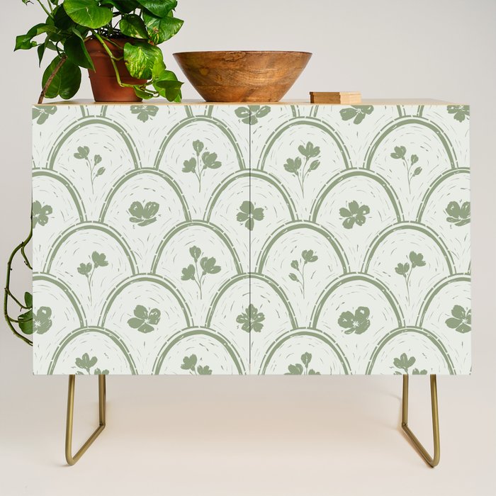 Rustic scallop floral block print - sage green pattern Credenza Gallery Image 1